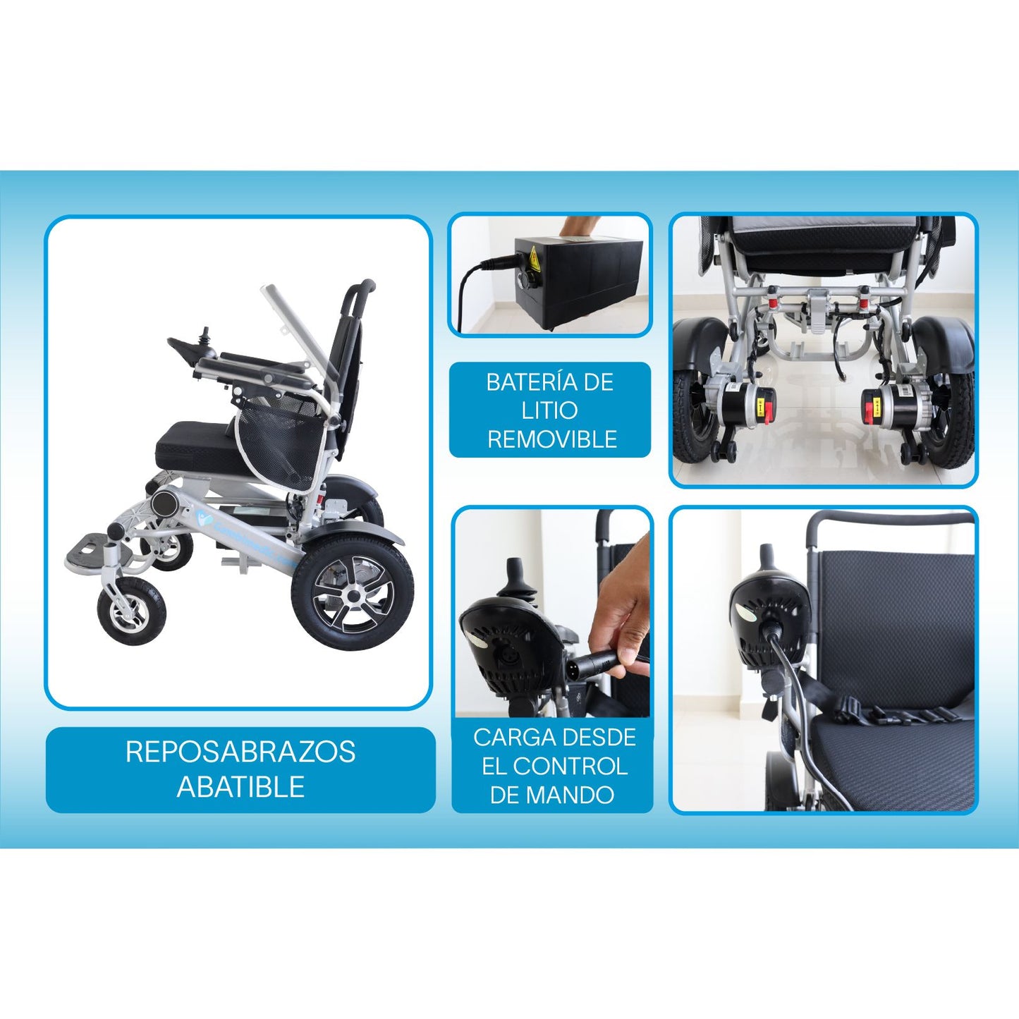 Gambimedic Silla De Ruedas Electrica Plegable Aluminio Ligero Portatil 28kg Mod. Gm7002B Soporta 120kg Llantas Neumaticas De Aire Todoterreno 4 Amortiguadores Bateria Litio Permitida en Avion