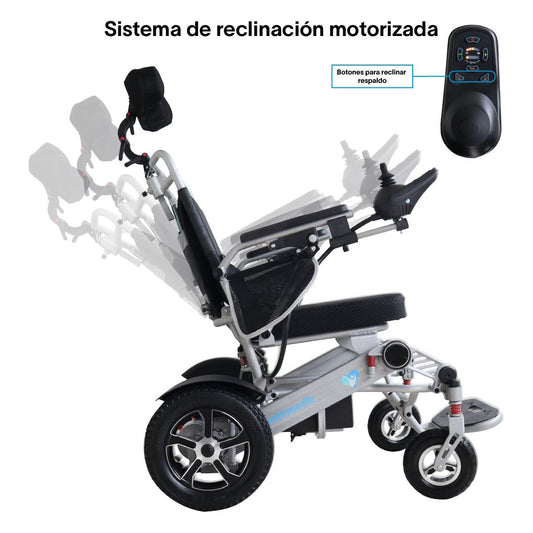 Gambimedic Silla De Ruedas Electrica 3 en 1 Reclinable Con Cabezal Plegable Aluminio Ligero Portatil 30kg Mod. Gm7003 Soporta 120kg Llantas Neumaticas De Aire Todoterreno 6 Amortiguadores 2 Motores 24v250w Bateria Litio 24v12ah 288wh