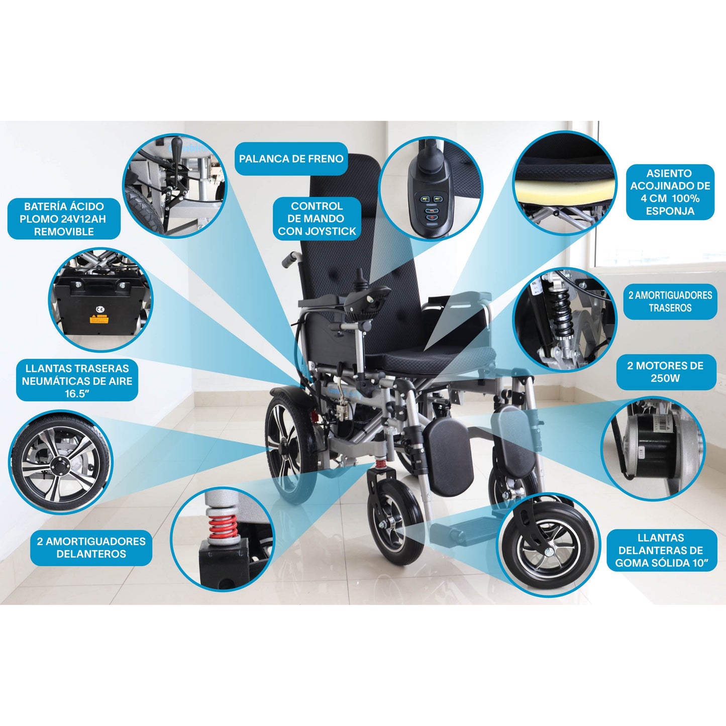 Gambimedic Silla de Ruedas Eléctrica Todoterreno 4 en 1 Reclinable Eleva piernas Modo Eléctrico y Manual Gm6006 Acero Llantas Neumáticas Aire Soporta140kg Batería 24v12ah Acido Plomo 2 Motores 24v*250w
