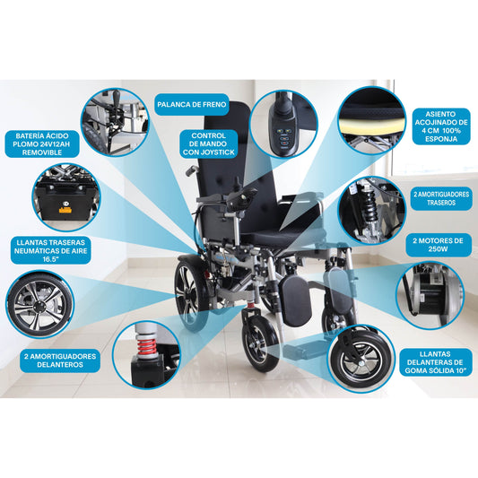 Gambimedic Silla de Ruedas Eléctrica Todoterreno 4 en 1 Reclinable Eleva piernas Modo Eléctrico y Manual Gm6006 Acero Llantas Neumáticas Aire Soporta140kg Batería 24v12ah Acido Plomo 2 Motores 24v*250w