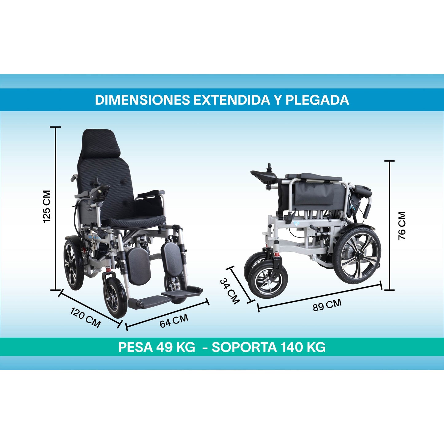 Gambimedic Silla de Ruedas Eléctrica Todoterreno 4 en 1 Reclinable Eleva piernas Modo Eléctrico y Manual Gm6006 Acero Llantas Neumáticas Aire Soporta140kg Batería 24v12ah Acido Plomo 2 Motores 24v*250w