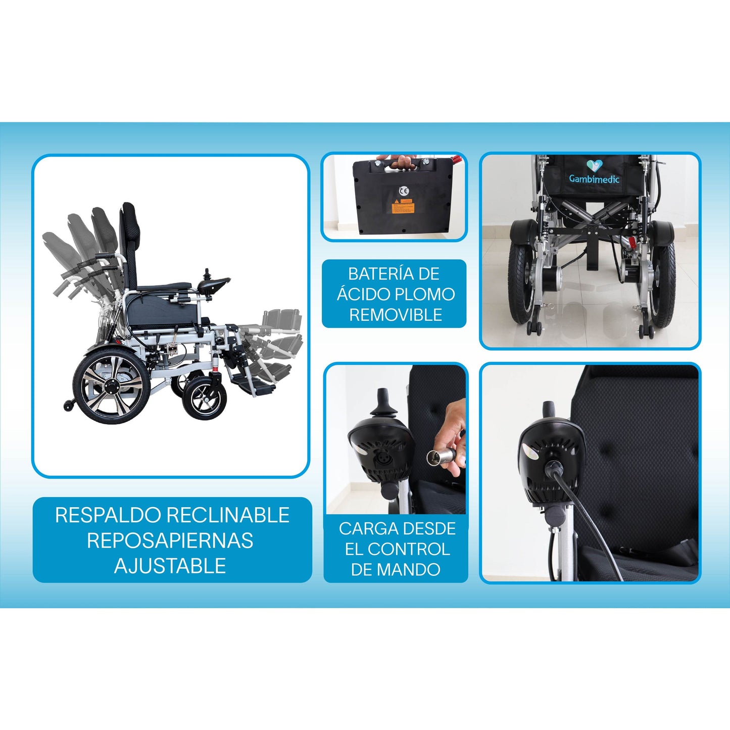 Gambimedic Silla de Ruedas Eléctrica Todoterreno 4 en 1 Reclinable Eleva piernas Modo Eléctrico y Manual Gm6006 Acero Llantas Neumáticas Aire Soporta140kg Batería 24v12ah Acido Plomo 2 Motores 24v*250w