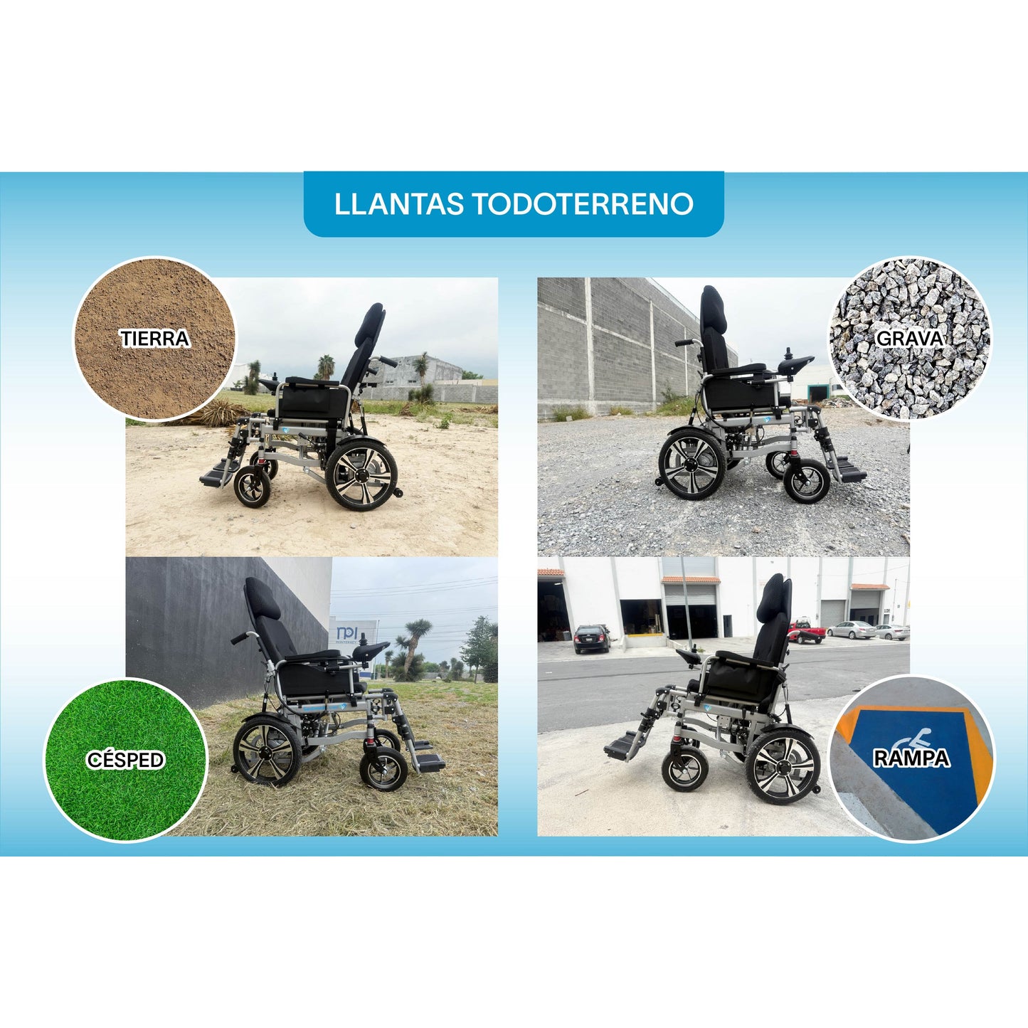 Gambimedic Silla de Ruedas Eléctrica Todoterreno 4 en 1 Reclinable Eleva piernas Modo Eléctrico y Manual Gm6006 Acero Llantas Neumáticas Aire Soporta140kg Batería 24v12ah Acido Plomo 2 Motores 24v*250w