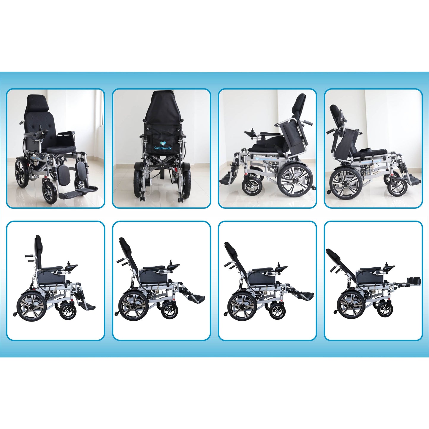 Gambimedic Silla de Ruedas Eléctrica Todoterreno 4 en 1 Reclinable Eleva piernas Modo Eléctrico y Manual Gm6006 Acero Llantas Neumáticas Aire Soporta140kg Batería 24v12ah Acido Plomo 2 Motores 24v*250w