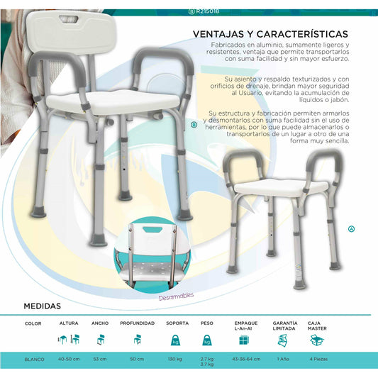 Silla De Ducha Baño Bariatrica Comoda Respaldo Y Brazos Ajustable