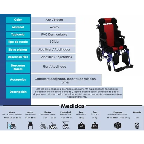 Silla De Ruedas PCI Paralisis PCA Con Elevapiernas Y Arnes de Seguridad