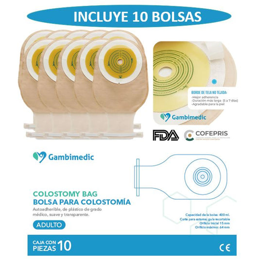 GAMBIMEDIC Bolsa Para Colostomía Con Barrera Recortable 14-60mm Caja Con 10 Piezas