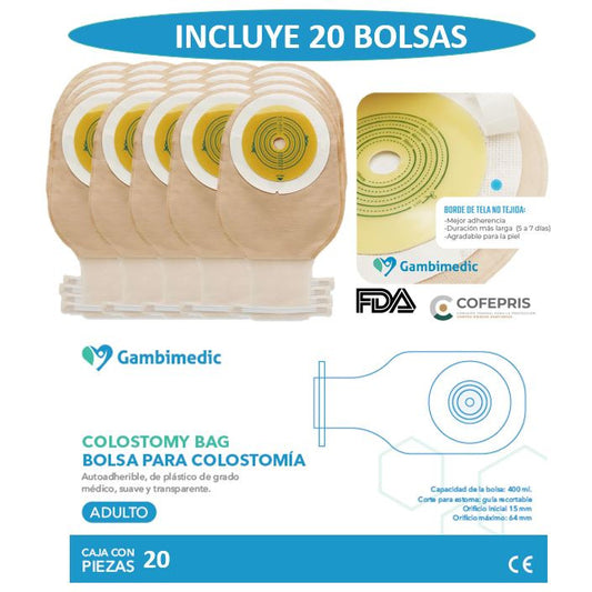 GAMBIMEDIC Bolsa Para Colostomía Con Barrera Recortable 14-60mm Caja Con 20 Piezas